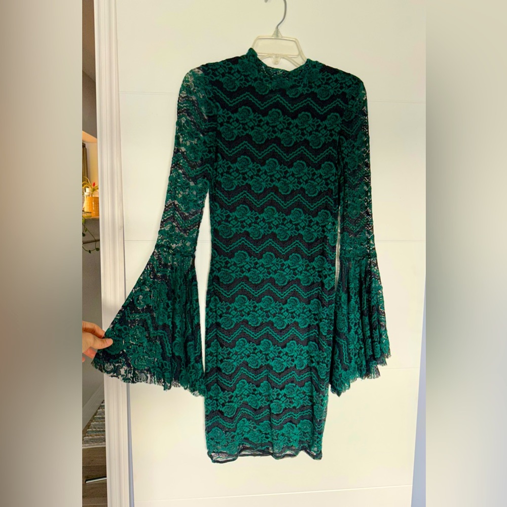 Aqua - Green & Black Lace Bell Sleeve Dress